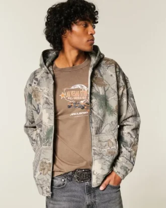 Kastiger Kapuzenpullover mit Reißverschluss und Camouflage-Muster