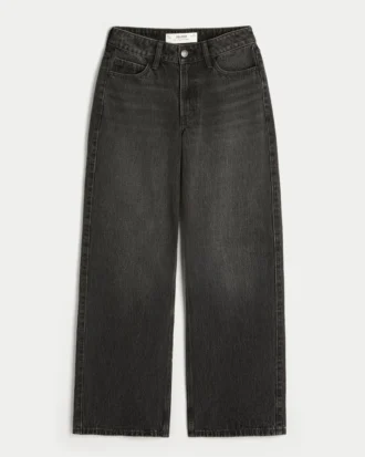 Kurvige, hoch geschnittene, gewaschene schwarze Baggy-Jeans