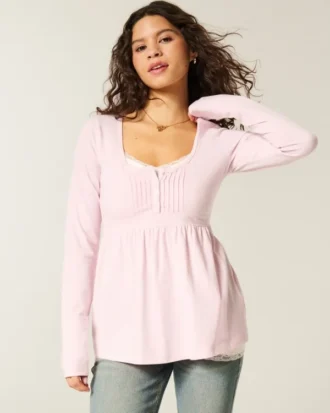 Langärmeliges Henley-Babydoll-Oberteil
