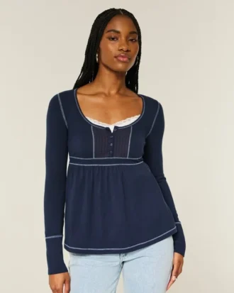 Langärmeliges Henley-Babydoll-Oberteil