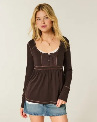 Langärmeliges Henley-Babydoll-Oberteil