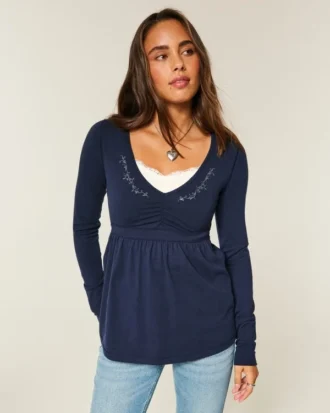 Langärmliges Babydoll-Oberteil mit gerafftem Brustbereich