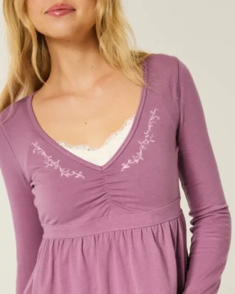 Langärmliges Babydoll-Oberteil mit gerafftem Brustbereich