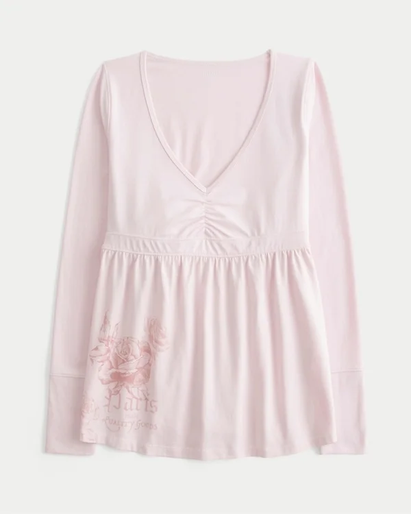 Langärmliges Babydoll-Oberteil mit Grafikprint und gerafftem Brustbereich Langärmliges Babydoll-Oberteil mit Grafikprint und gerafftem Brustbereich