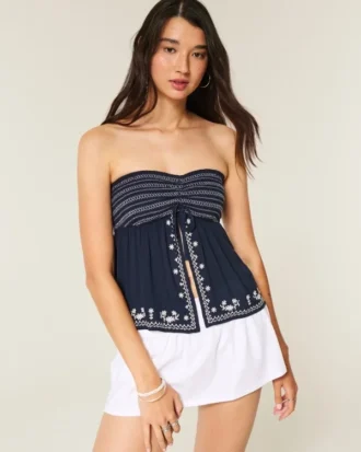 Leichtes, trägerloses Babydoll-Oberteil mit Stickerei