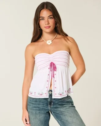 Leichtes, trägerloses Babydoll-Oberteil mit Stickerei