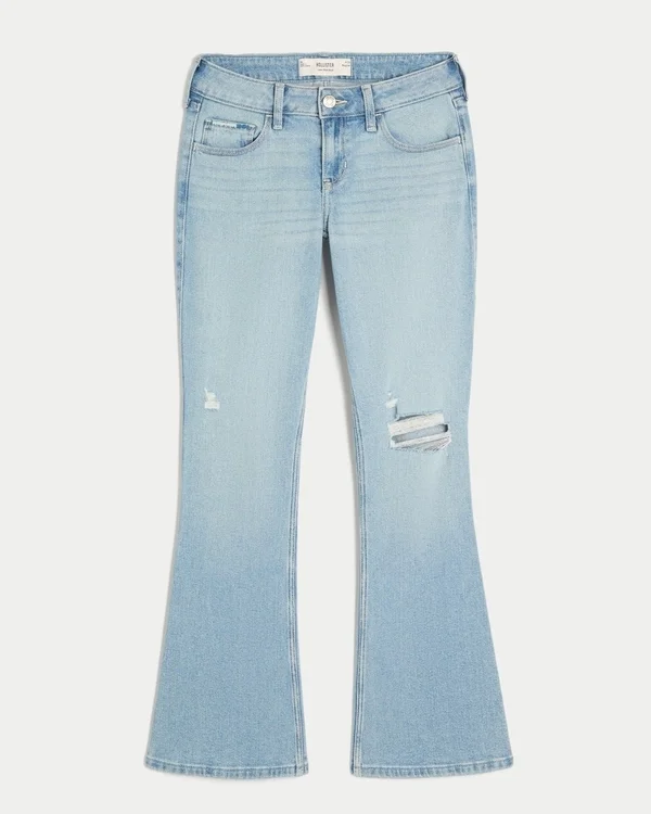 Low-Rise-Jeans mit Rissen, heller Waschung und Stickerei, Bootcut Low-Rise-Jeans mit Rissen, heller Waschung und Stickerei, Bootcut