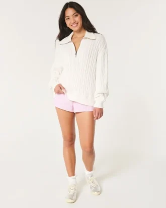 Oversized-Pullover mit Zopfmuster und halbem Reißverschluss