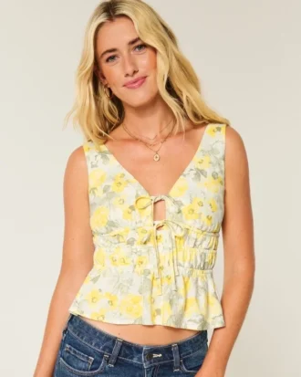 Peplum-Top aus Leinenmischung mit Bindeband vorne