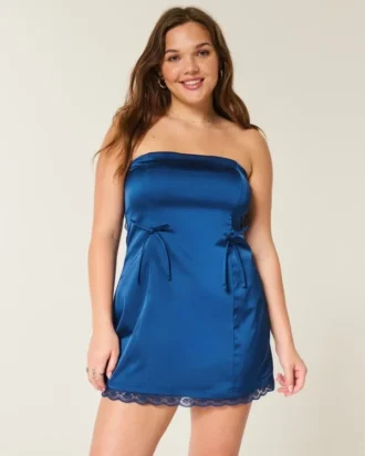 Satin-Bodycon-Kleid mit Schleife und trägerlosem Ausschnitt