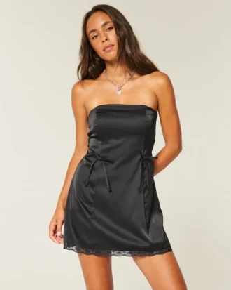 Satin-Bodycon-Kleid mit Schleife und trägerlosem Ausschnitt