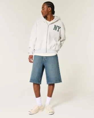 Superbaggy-Jeansshorts in dunkler Waschung, knielang