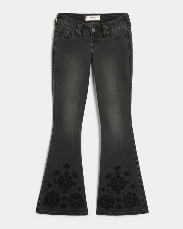 Ultra-Low-Rise-Jeans mit Blumenstickerei in gewaschenem Schwarz Ultra-Low-Rise-Jeans mit Blumenstickerei in gewaschenem Schwarz