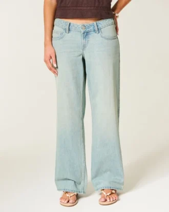 Ultra-niedrige Leibhöhe, hell gewaschen, Baggy-Jeans mit Schnallenverschluss hinten