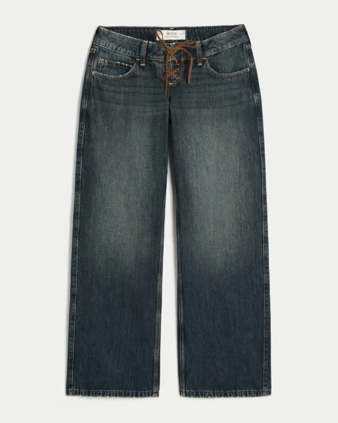 Ultra-niedrige Passform, dunkel gewaschene Baggy-Jeans mit Schnürung Ultra-niedrige Passform, dunkel gewaschene Baggy-Jeans mit Schnürung