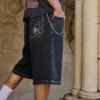 Washed Black Cat Graphic Super Baggy Denim Shorts