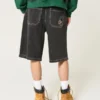 Washed Black Cat Graphic Super Baggy Denim Shorts